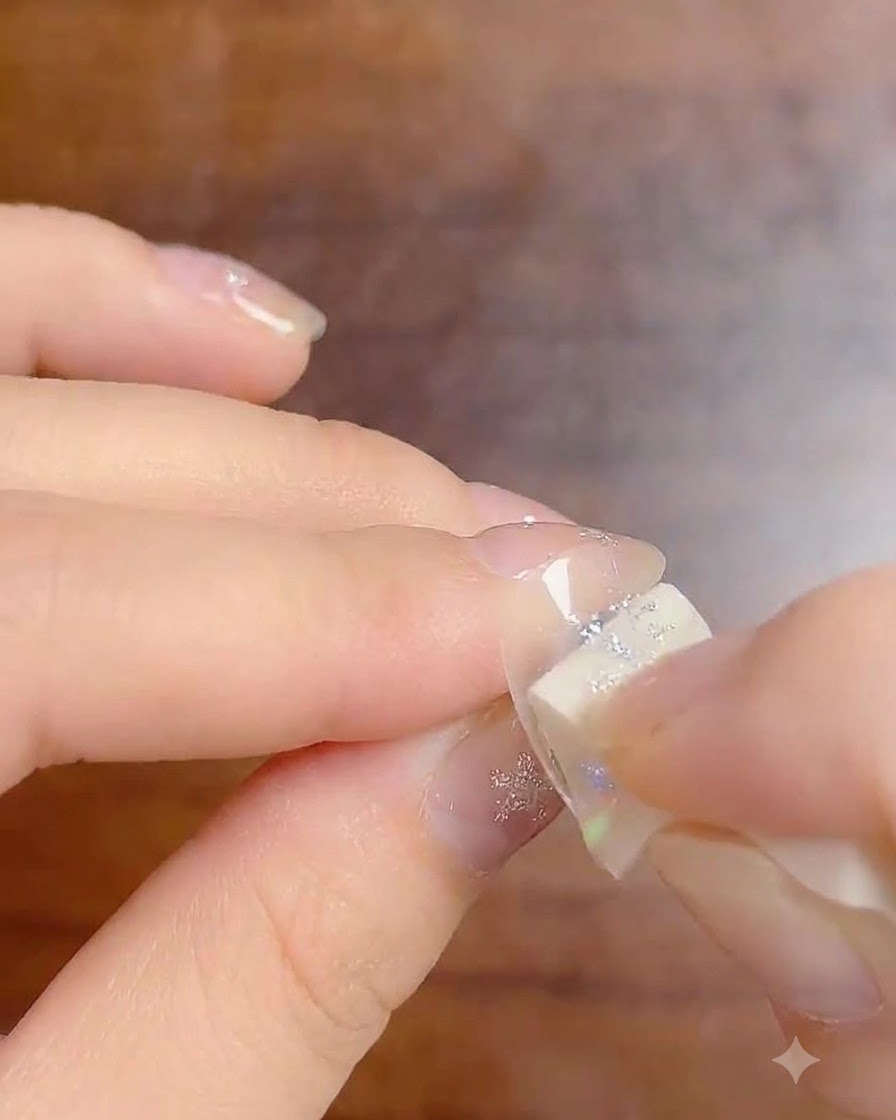 Ein kleiner Make-up-Schwamm trägt Milky-White-Gradient-Gel auf die Nagelspitze auf.