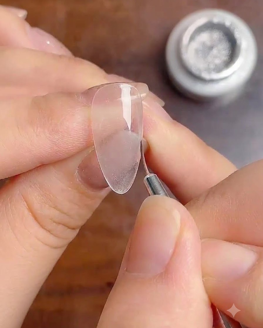 Ein feiner Liner-Pinsel zieht dünne vertikale Silberglitzerlinien die Nagelmitte hinab.