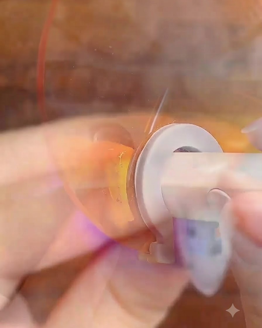 Eine Hand liegt unter einer tragbaren LED-Lampe mit lilafarbenem Licht, das die Fingerspitzen beleuchtet.