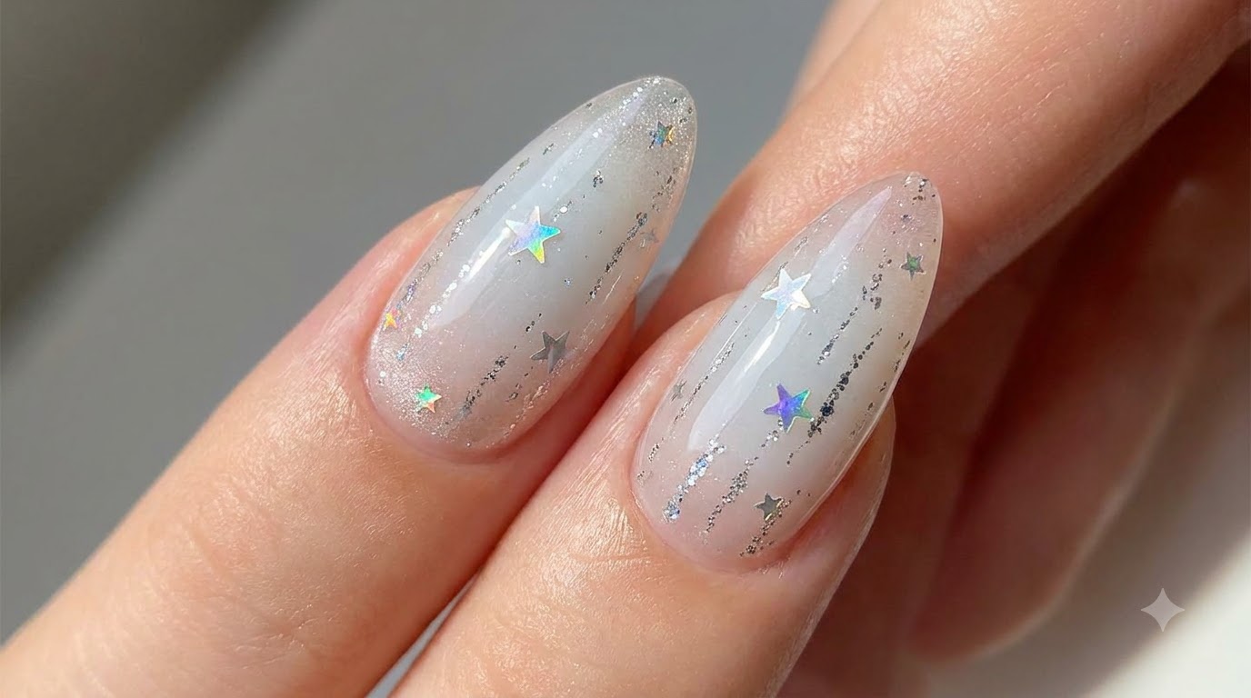 Silver Star Gradient Gel Nails — Milky White Ombre Anleitung