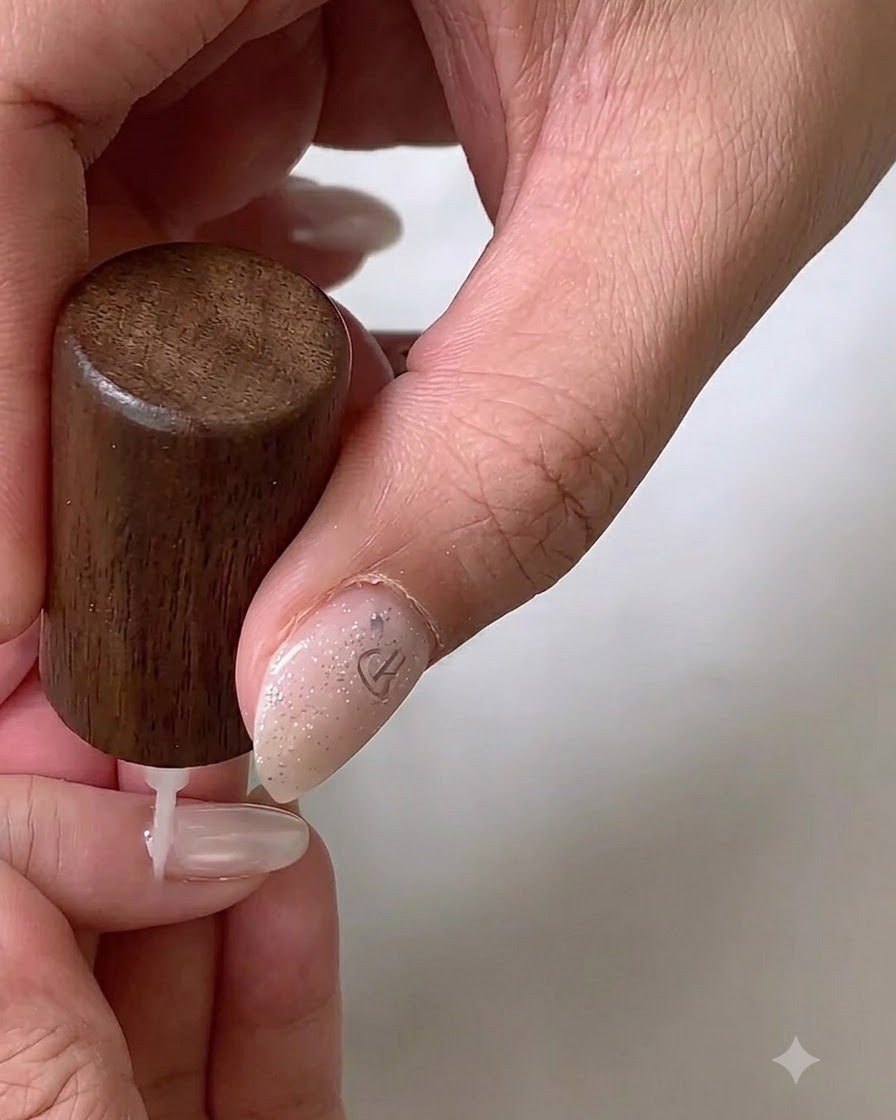 Ein flacher Gelpinsel trägt eine weiße Gel-Basisschicht auf einen Naturnagel auf.