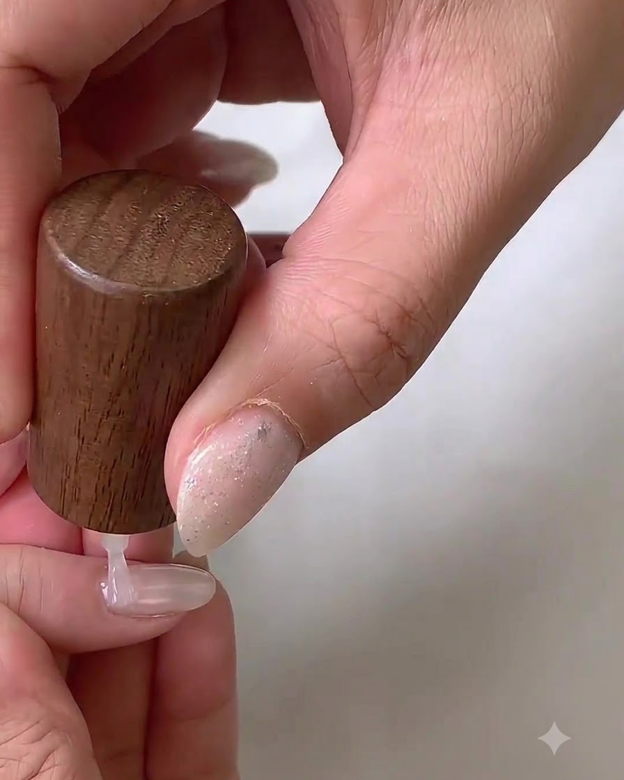 Ein Detailpinsel glättet die weiße Gelschicht auf einem Fingernagel.