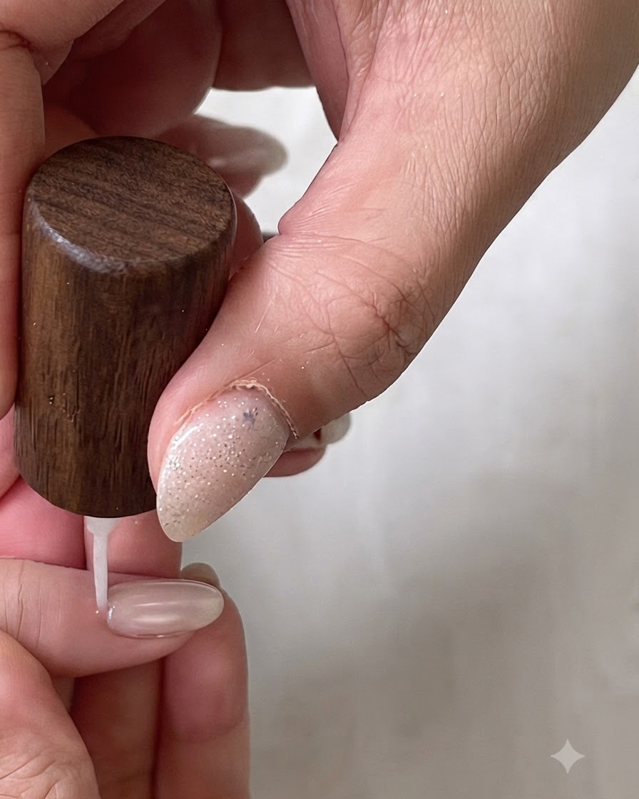 Eine Pinzette platziert einen Führungsaufkleber auf der Oberfläche eines manikürten Nagels.