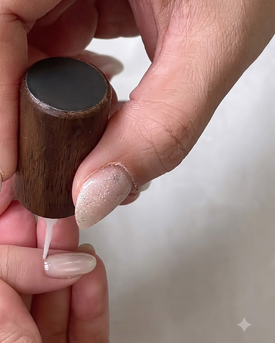Ein Dotting-Tool platziert kleine braune Punkte auf einer hellen Nagelbasis.