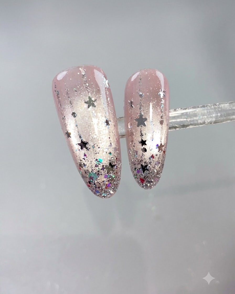Ein Nagelpinsel trägt eine glatte Schicht hellrosa Resin D04 Base Gel auf einen Naturnagel auf.