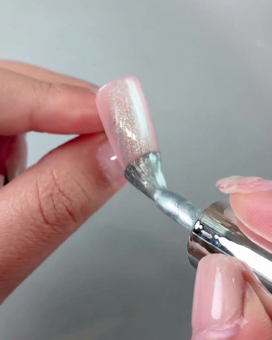 Ein Magnetwerkzeug wird nahe an die Seiten eines Nagels gehalten, um die Cat-Eye-Partikel zu einem breiten Band zu formen.