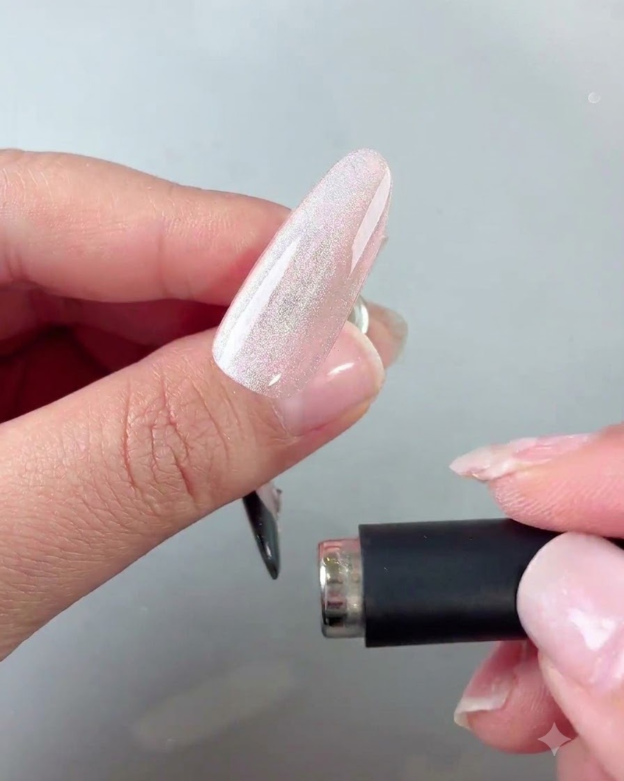 Ein Magnet zieht die Cat-Eye-Partikel zu einer hellen, konzentrierten kreisfömigen Glaskugel-Reflexion in der Nagelmitte zusammen.