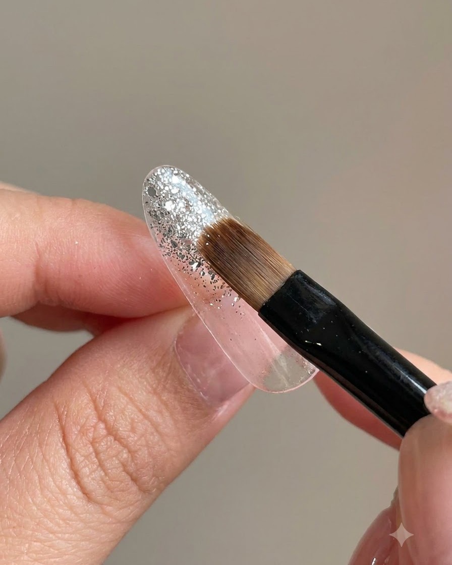 Ein flacher Fächerpinsel in einem 45-Grad-Winkel verblendet den Silberglitter nach unten hin zu einem Farbverlauf.