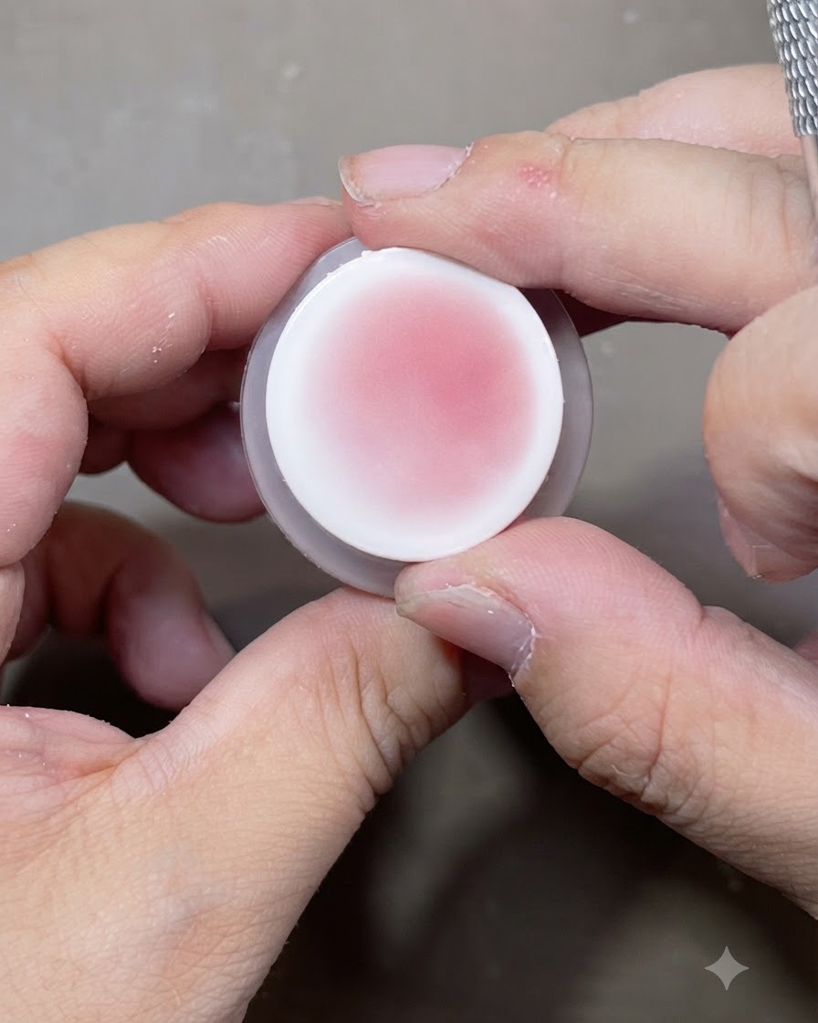 Ein Kissen-Nagelstempel mit weichem rosa Blush-Pigment, gehalten zwischen den Fingern vor dem Auftragen.