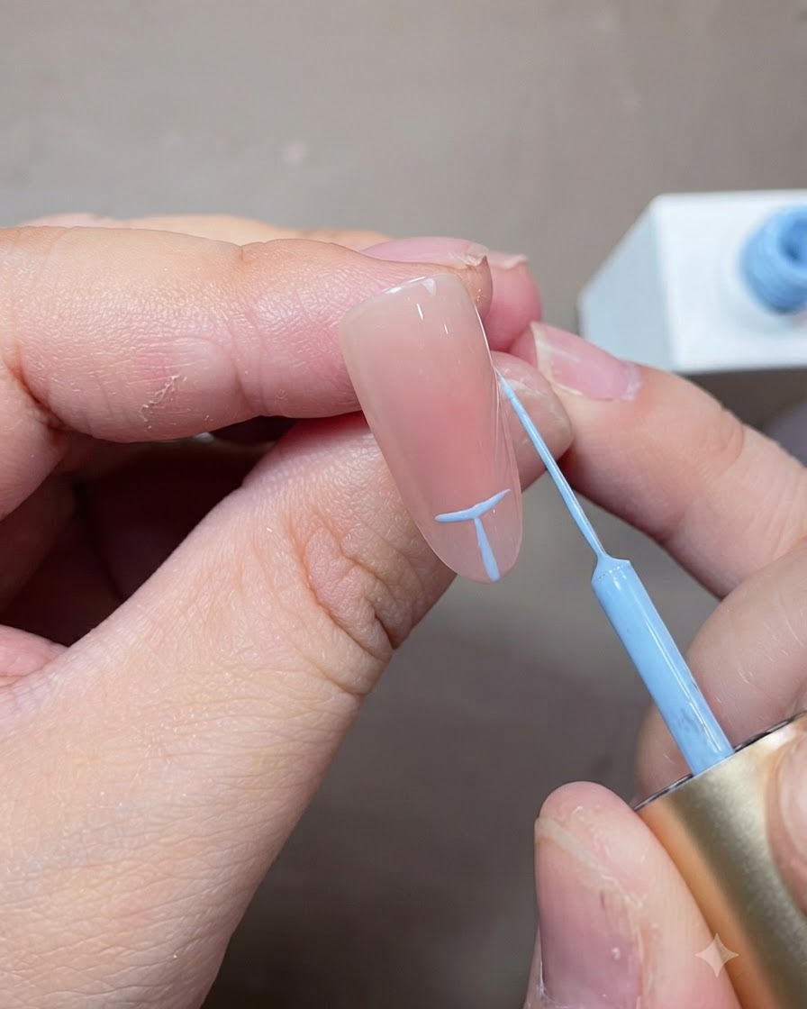 Ein feiner Liner-Pinsel zeichnet hellblaue Ausrichtungslinien auf einen Nude-Nagel, um die French-Spitzenform zu planen.