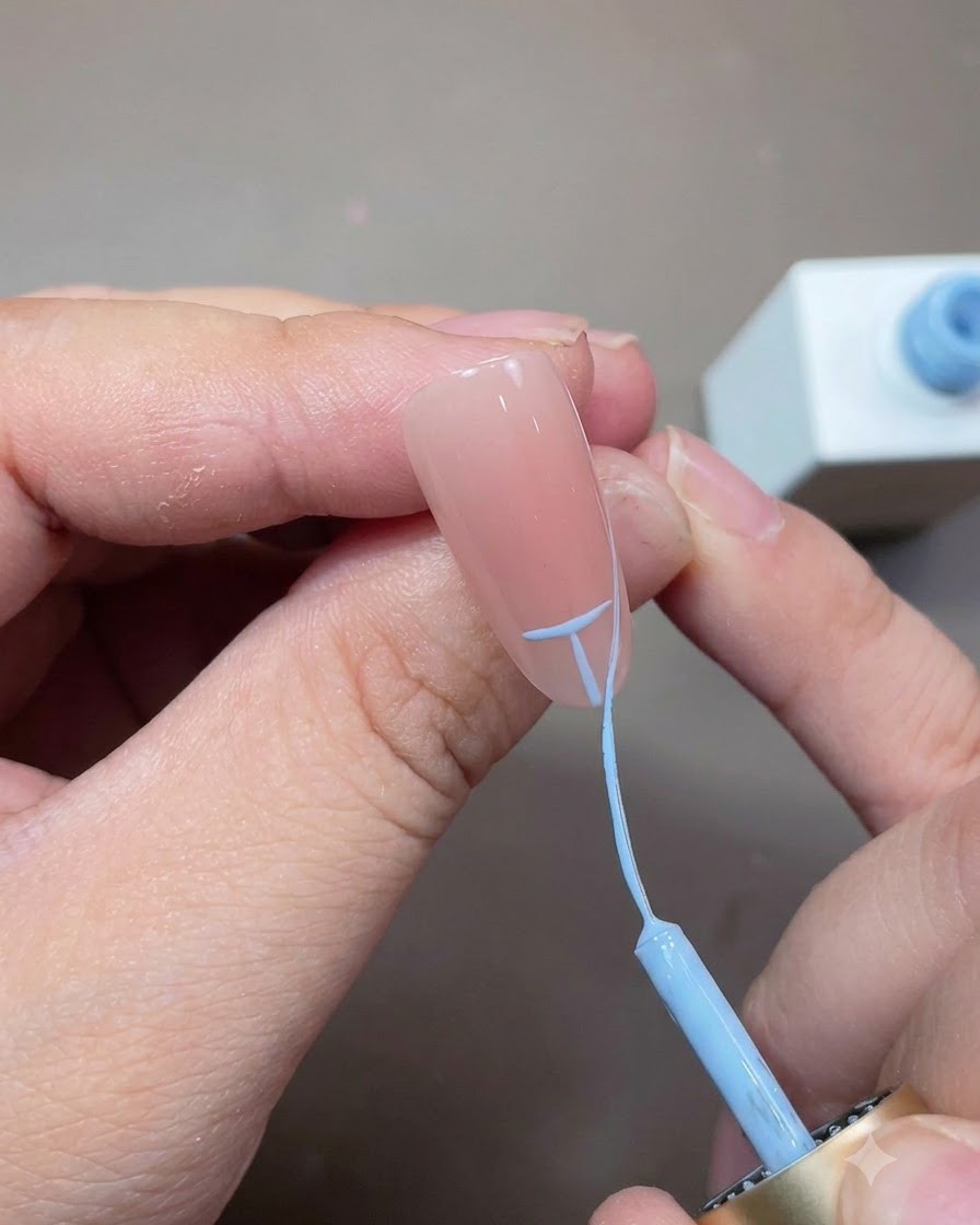 Ein feiner Liner-Pinsel verbindet blaue Hilfslinien, um einen glatten French-Spitzenbogen über dem Nagel zu erzeugen.