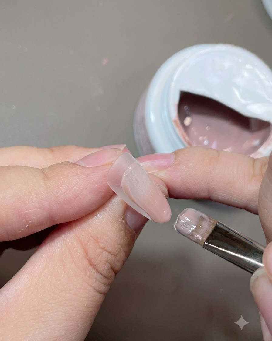 Ein flacher Gelpinsel trägt eine Nude-Basisfarbe über eine Nagelverlängerungsspitze auf.