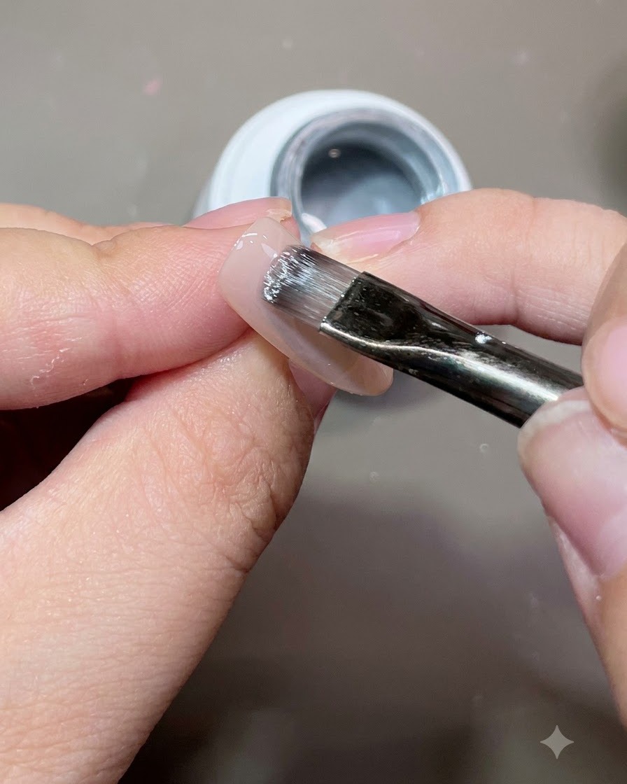 Ein Pinsel trägt transluzentes Cat-Eye-Gel auf eine manikürte Nageloberfläche auf.