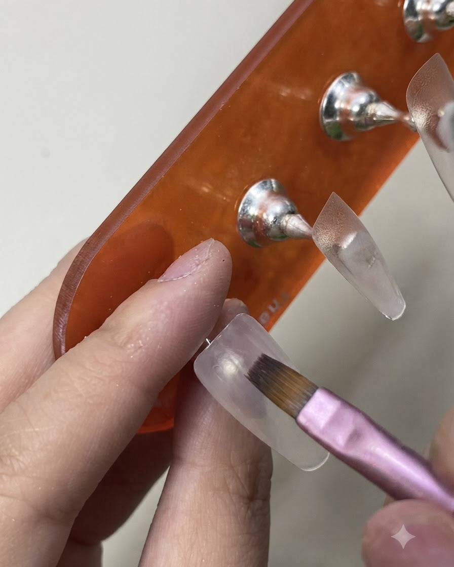 Ein Pinsel gleitet mit einer zweiten Schicht milchig-weißem Gel-Polish für solide Deckkraft über die Nageloberfläche.