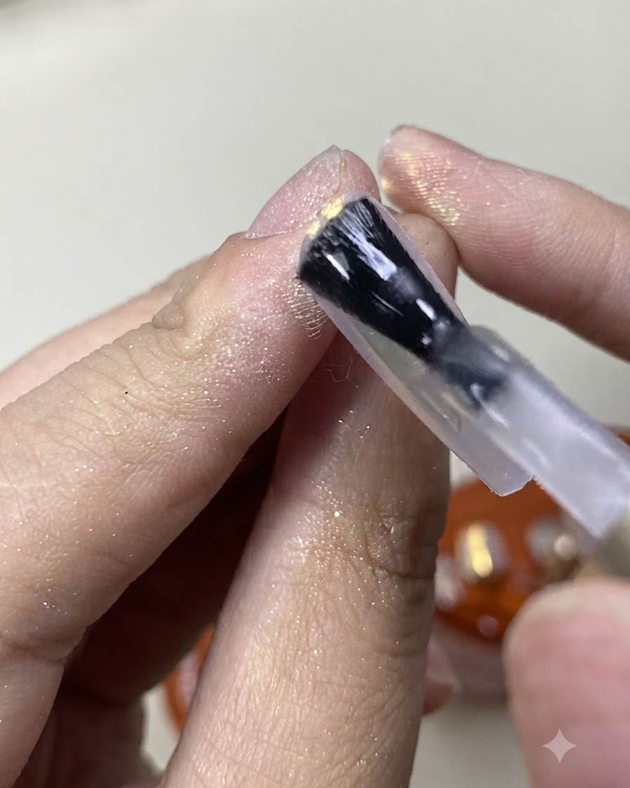 Ein Pinsel streicht einen matten Top-Coat über das schimmernde Aurora-Puder-Nagelfinish.