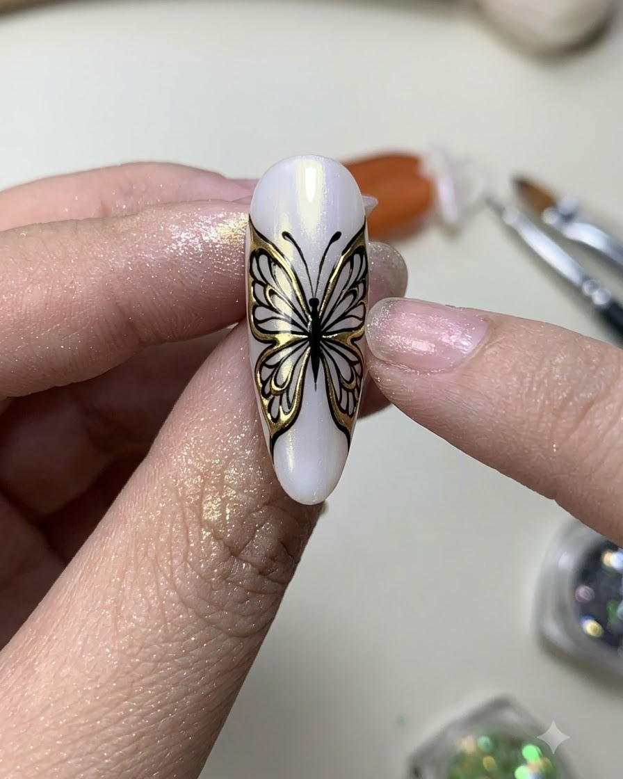 Ein Fingernagel mit detaillierter schwarzer Schmetterlings-Linienkunst unter einer UV/LED-Härtungslampe positioniert.