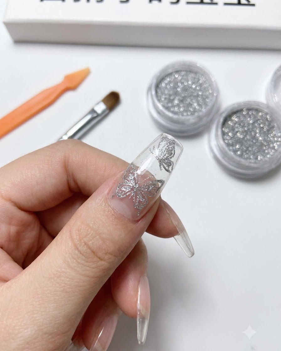 Silver-Chrome-Puder wird direkt über ausgehärtete schwarze Schmetterlingslinien auf einen Nagel aufgetragen.