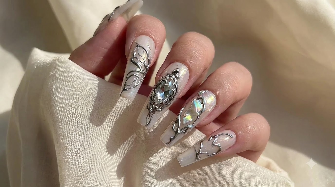 Silver Chrome Butterfly Nail Art mit milchig-weißer Basis — Schritt-für-Schritt-Anleitung