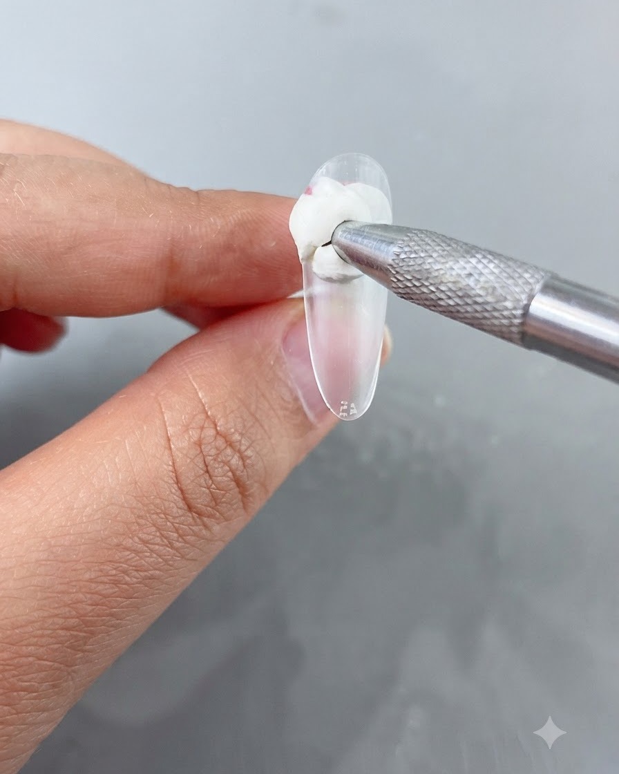 Eine Nahaufnahme eines Metallwerkzeugs, das weiße Patting-Gel auf die Nagelspitze aufträgt.