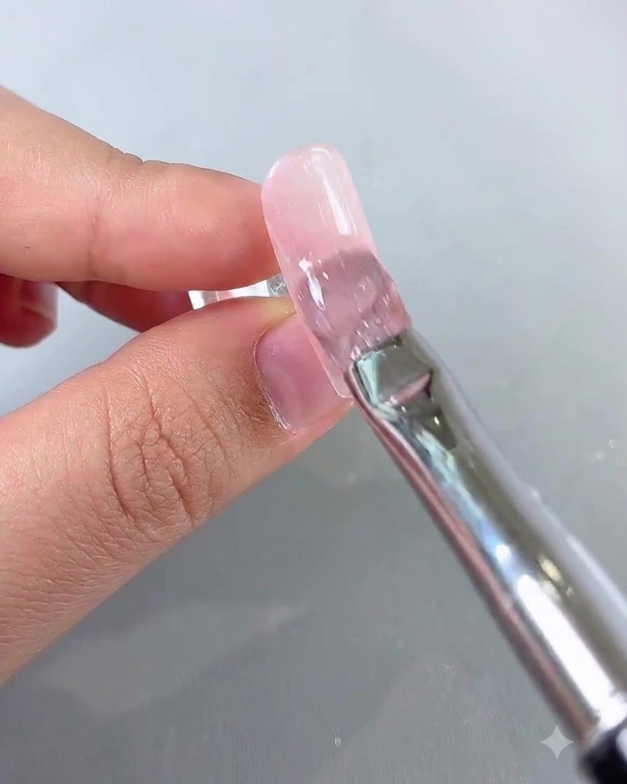 Ein Pinsel zieht schimmerndes, durchscheinendes Cat-Eye-Gel über eine rosa Nagelbasis.