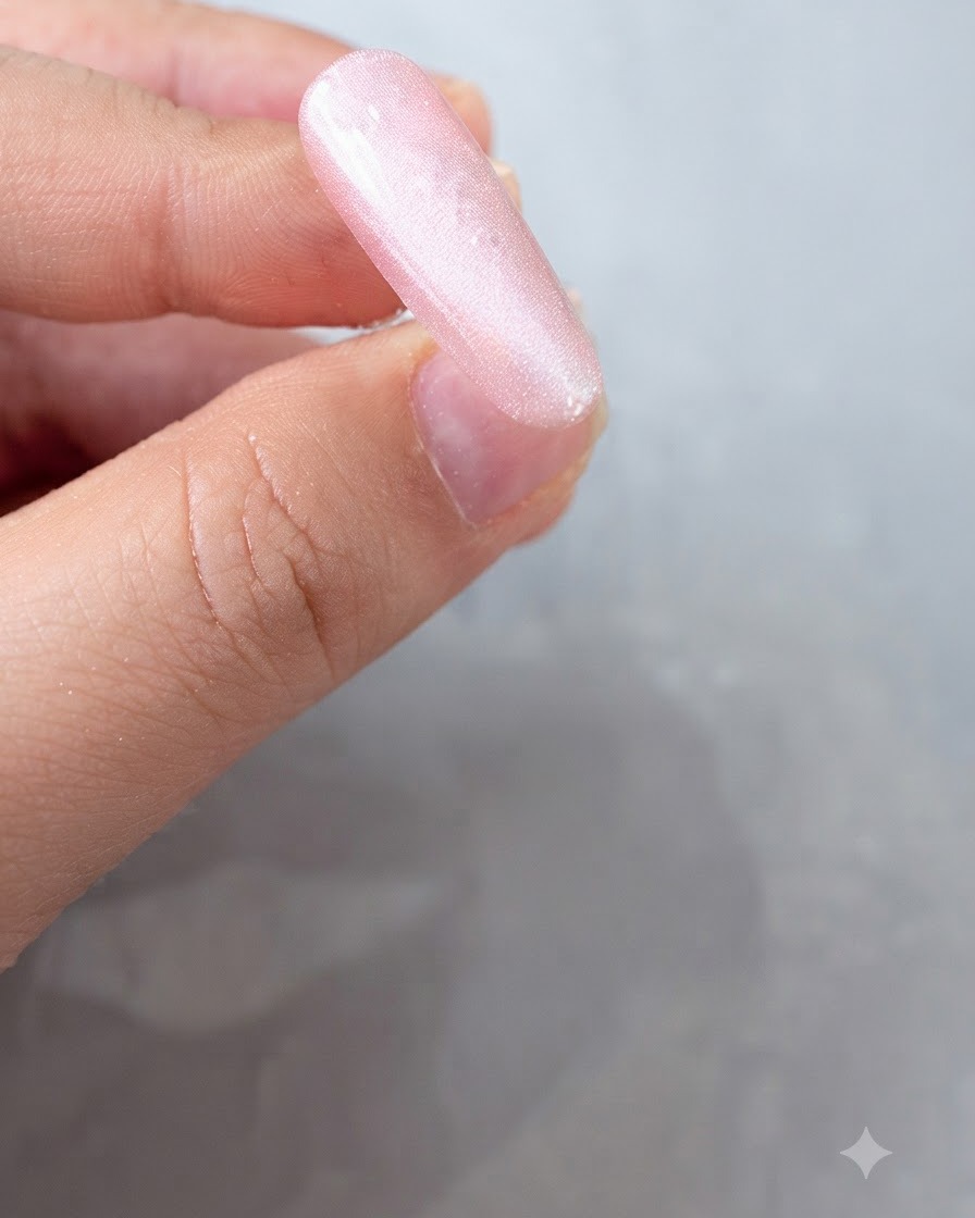 Eine Nahaufnahme eines rosa Nagels mit einer konzentrierten, leuchtenden Cat-Eye-Glaskugelreflexion.