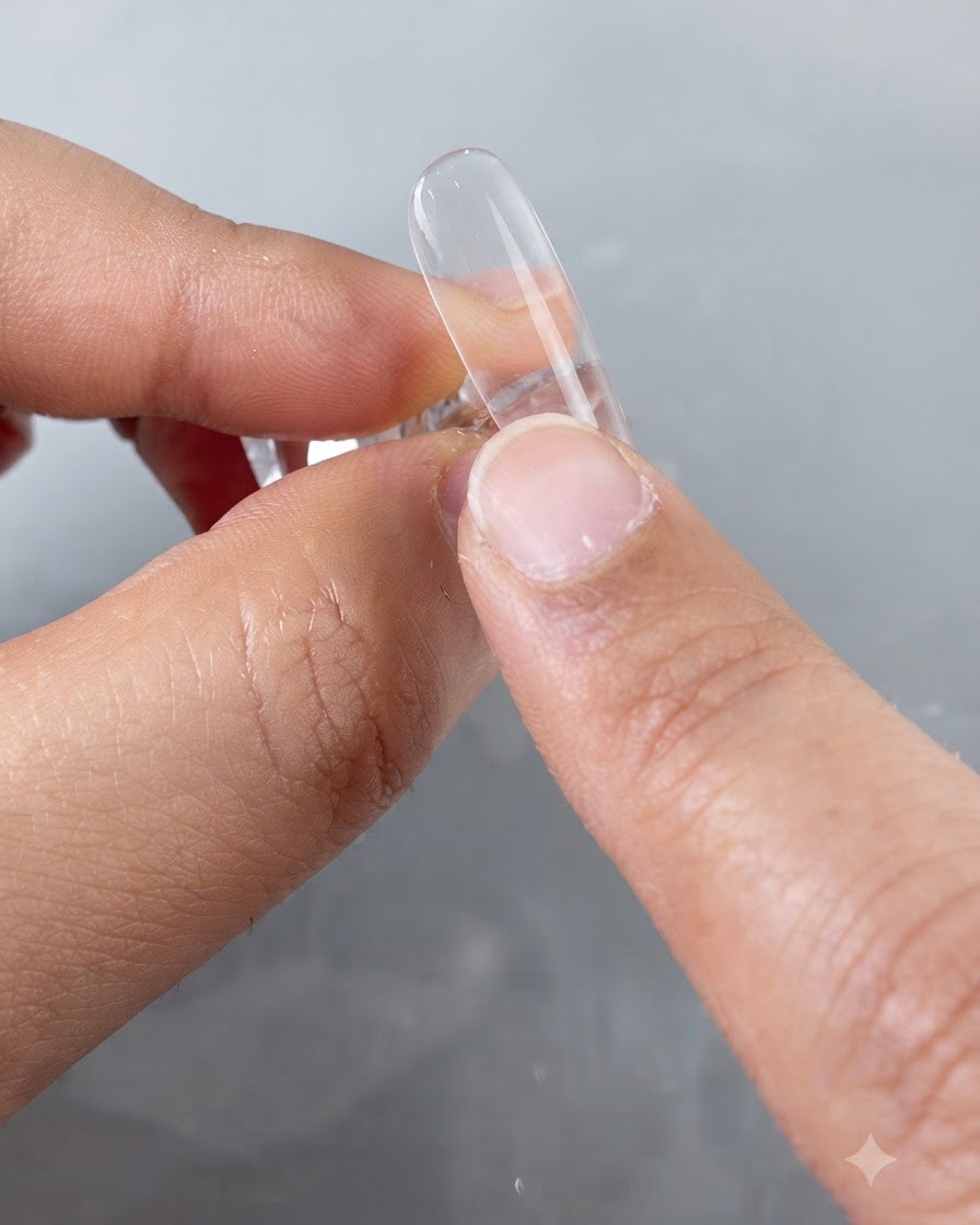 Ein Finger überprüft das Seitenprofil einer transparenten Nagelspitze, um eine glatte Oberfläche sicherzustellen.