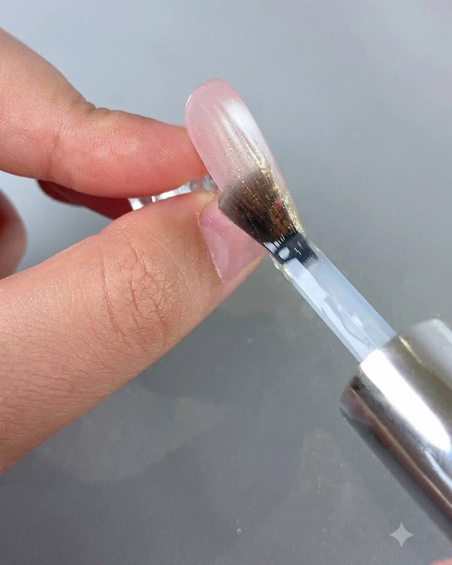 Ein Nagelpinsel trägt einen klaren Top-Coat über ein Ombré- und Glitzer-Nageldesign auf.