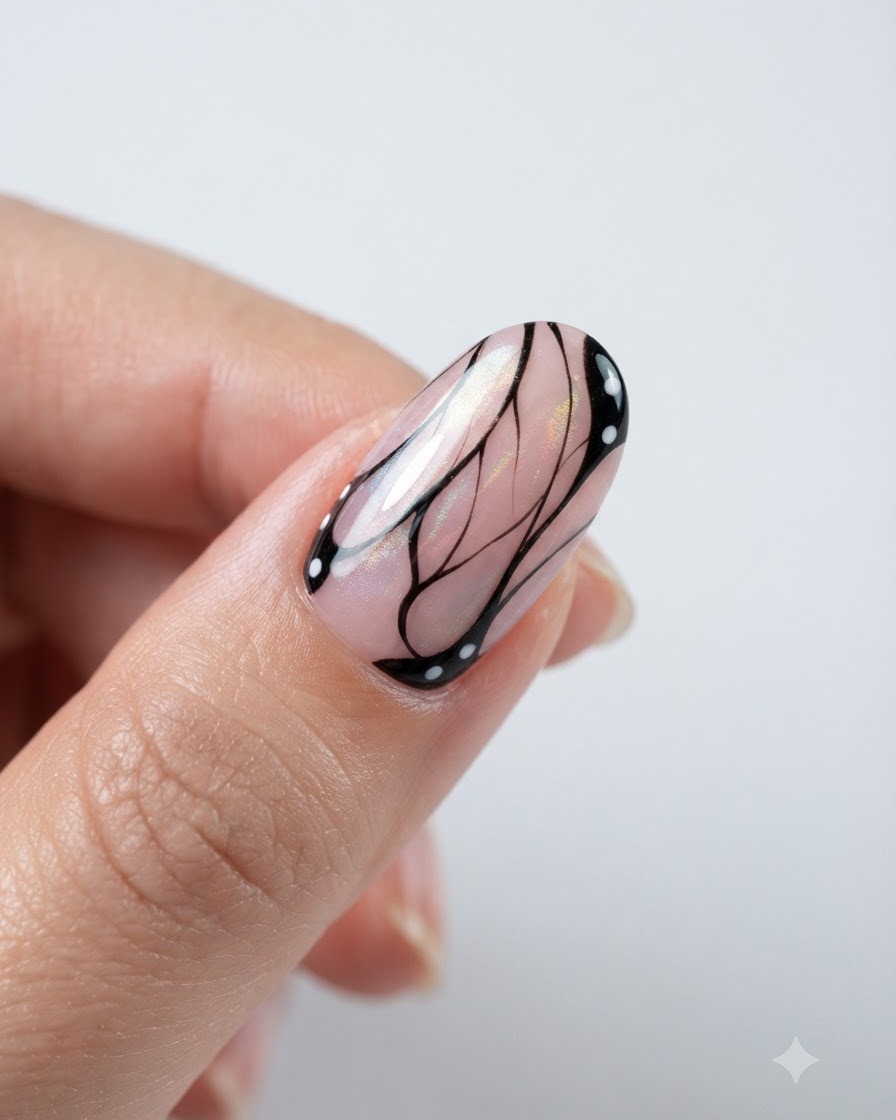 Ein fertiger Nagel zeigt komplexe schwarz-weiße Schmetterlingsflügel-Linien auf einer Aurora-Cat-Eye-Basis.
