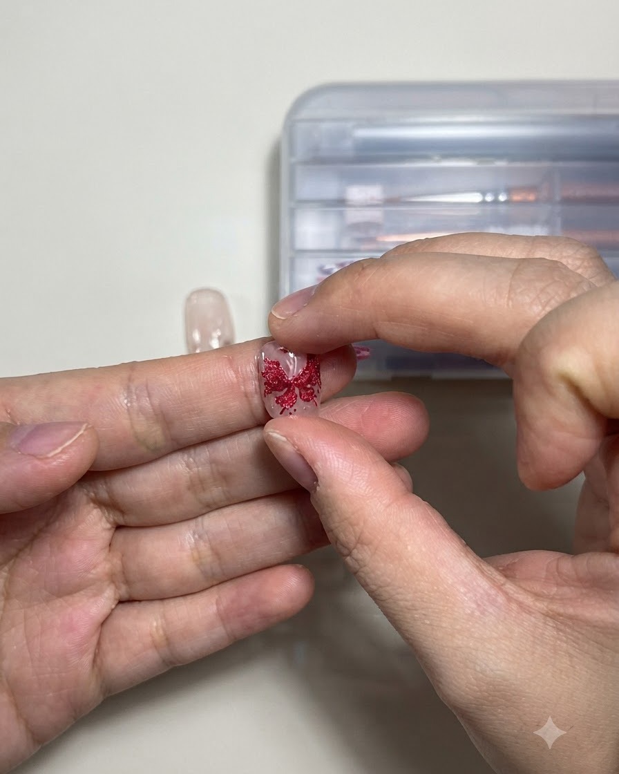 Eine Nahaufnahme einer Hand, die eine Nageltipp mit einem detaillierten roten Glitzer-Schmetterlingsumriss hält.