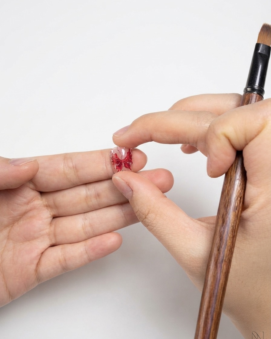 Eine Nahaufnahme einer Hand, die einen fertigen roten Schmetterlingsumriss auf einer klaren Nageltipp hält.