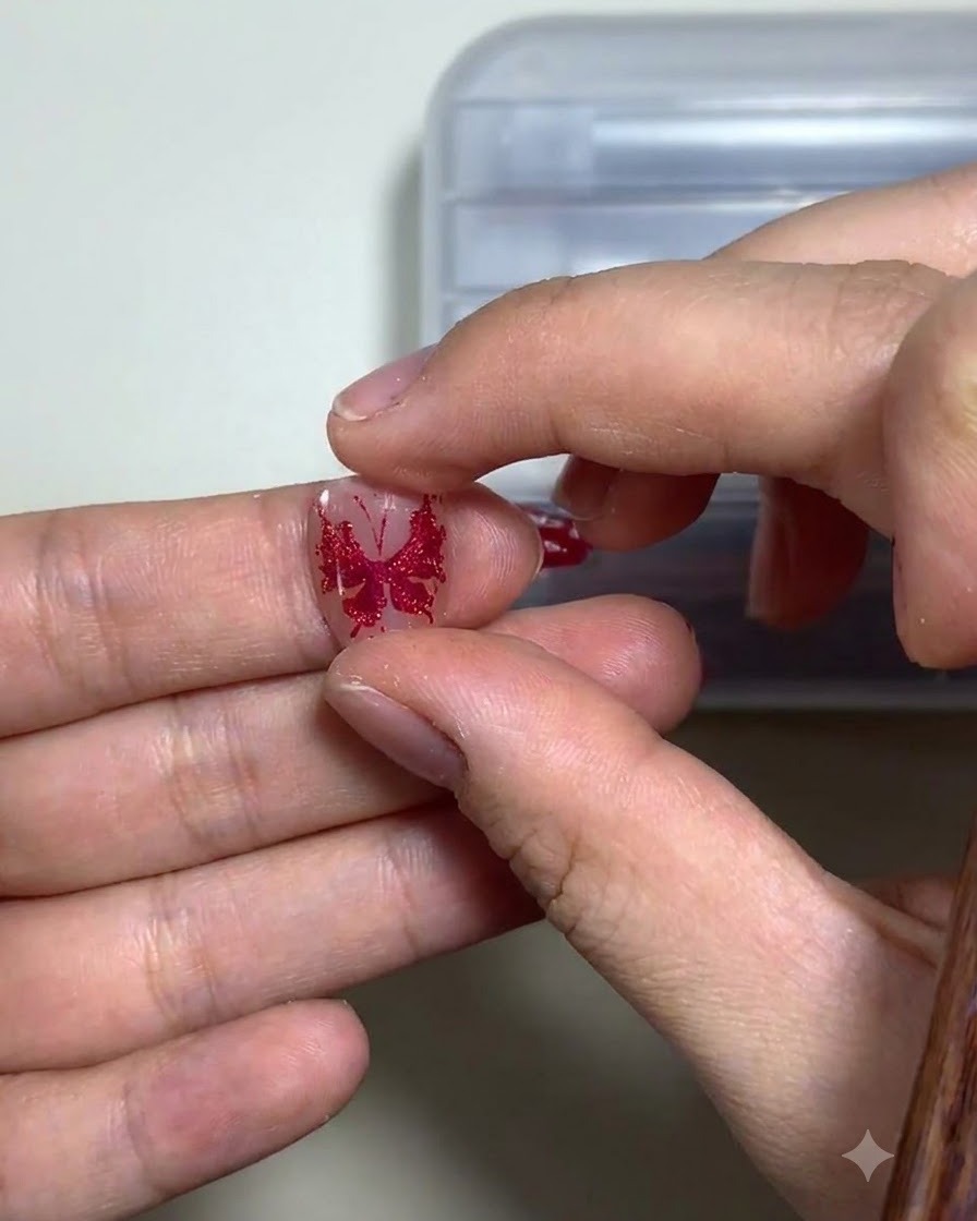 Ein weicher Pinsel, der sanft über ein ausgehärtetes rotes Schmetterlings-Nageldesign streicht, um lose Partikel zu entfernen.