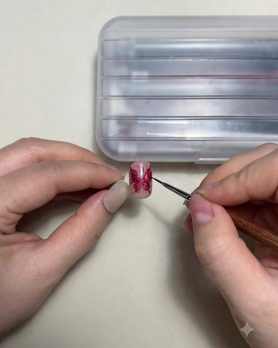 Eine Nahaufnahme eines Liner-Pinsels, der über einem Schmetterlingsumriss auf einer Nageltipp schwebt.