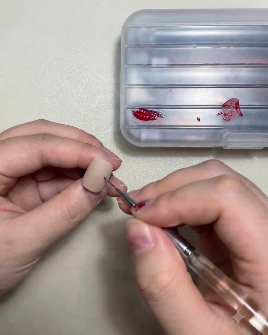 Ein Liner-Pinsel trägt rotes Gel auf die Oberfläche eines nudefarbenen Übungsnagels auf.