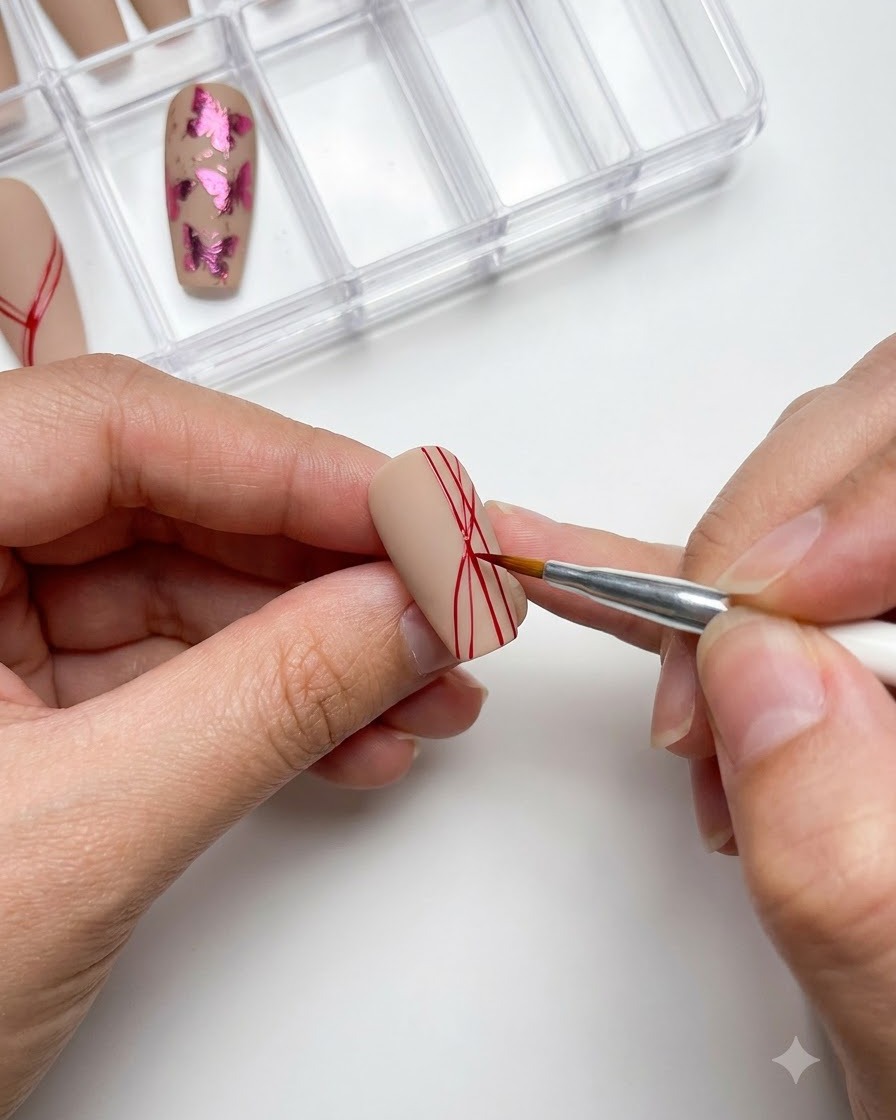 Eine Nahaufnahme eines Nagels mit mehreren roten Linien, die von einem zentralen Punkt ausgehen, in einer Aufbewahrungsbox.
