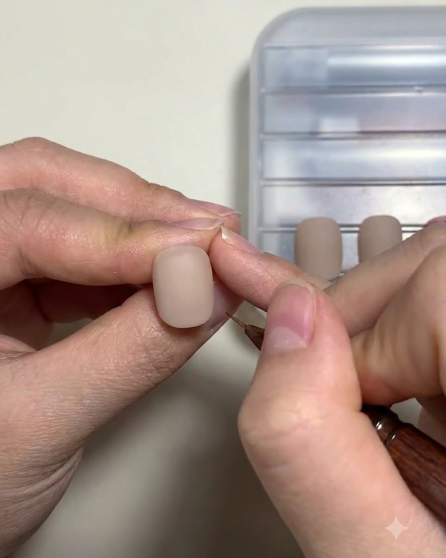 Eine Hand hält einen feinen Pinsel während eines Detailierungsschritts in der Nähe einer neutralfarbenen Nagelspitze.