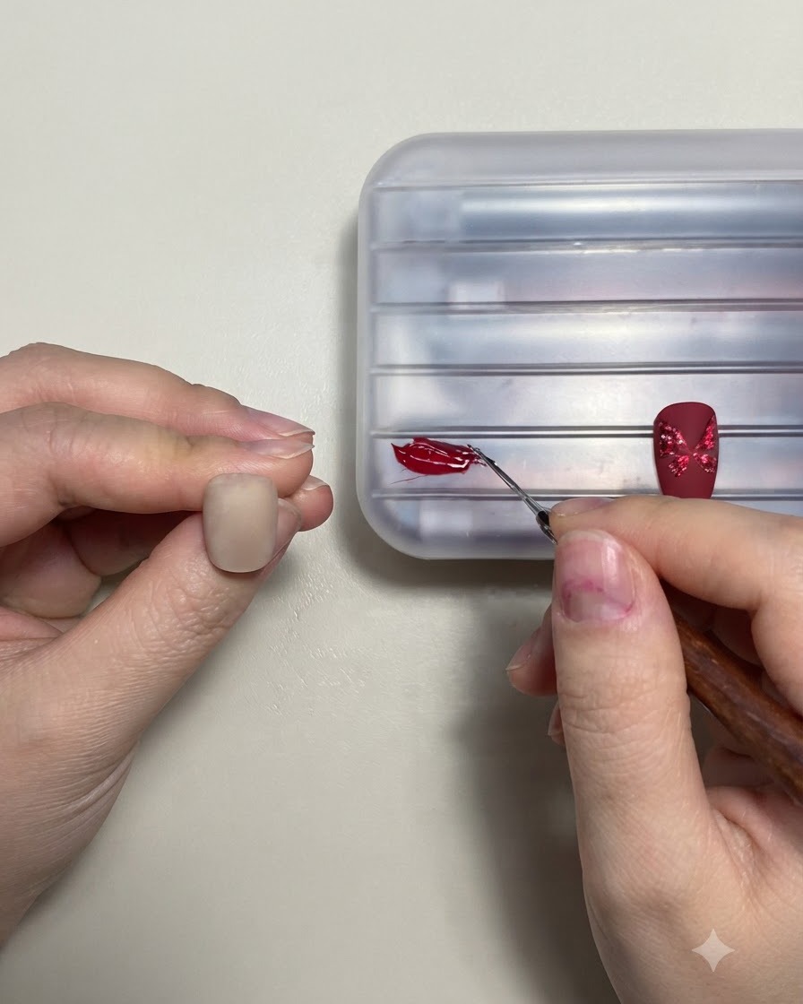 Ein Pinsel trägt eine glatte, glänzende Top-Coat-Schicht über ein vollendetes Schmetterlings-Nail-Art-Design auf.