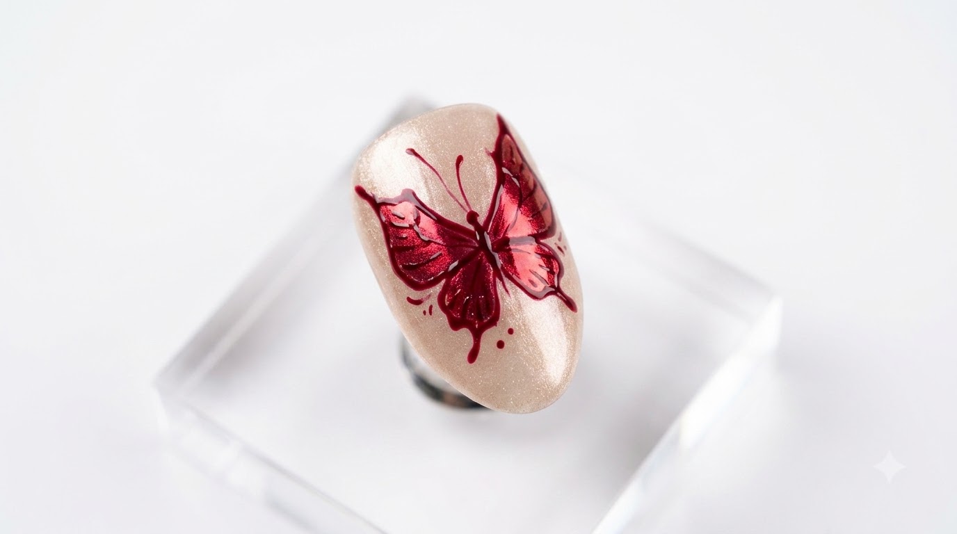 Schmetterlings-Spiegelpuder-Nageldesign — Filigrane Rote Gel Tutorial