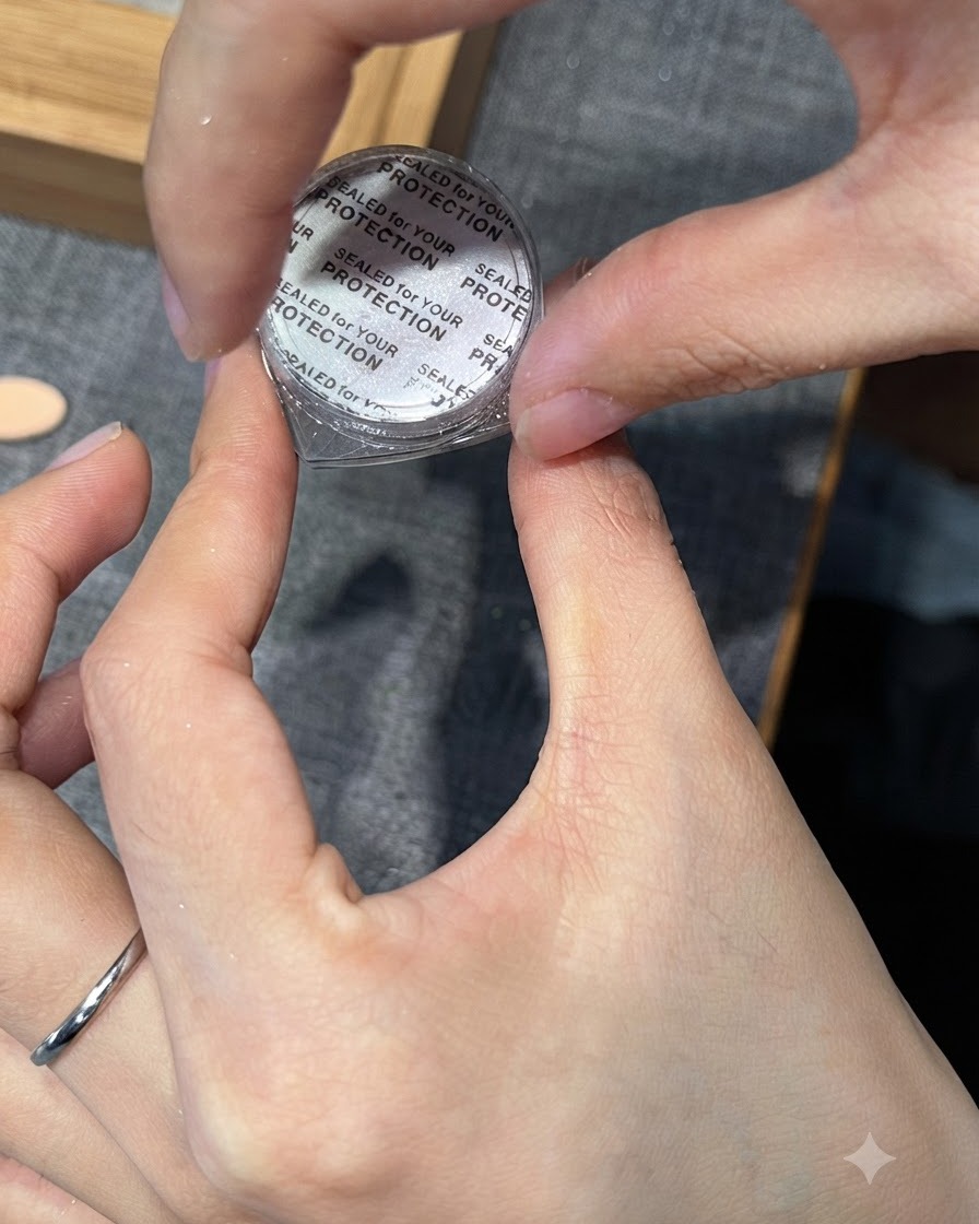 Ein Schwamm-Applikator nimmt silbernes Chrom-Spiegelpuder aus einem kleinen Behälter auf.