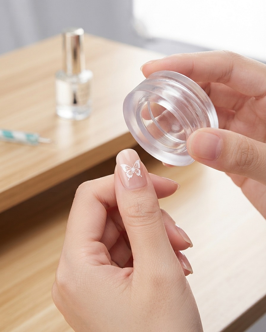 Ein klarer Stamper überträgt ein weißes Schmetterlingsdesign auf einen manikürten Fingernagel.