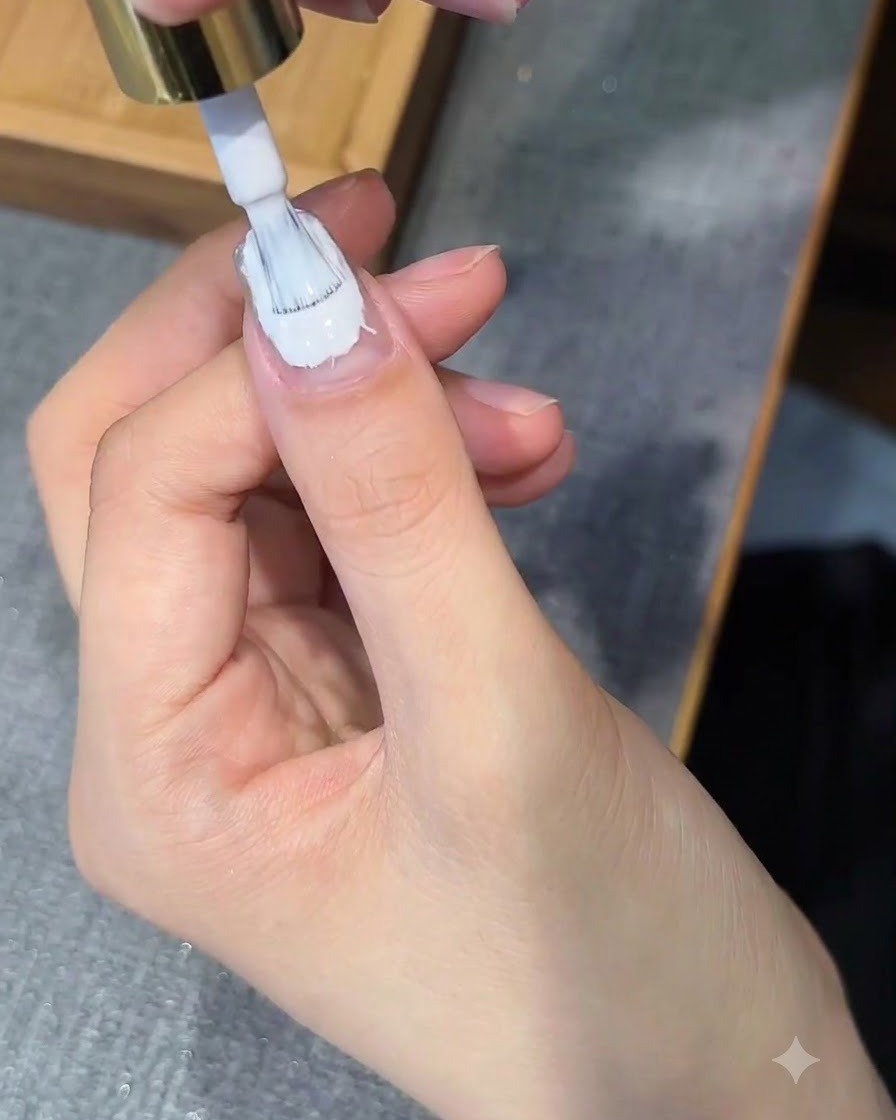 Ein Nagelpinsel trägt einen klaren Top-Coat auf einen verzierten Fingernagel auf.