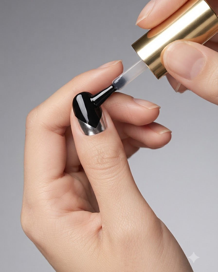 Eine manikürte Hand mit Top-Coat wird unter einer UV- oder LED-Nagellampe ausgehärtet.