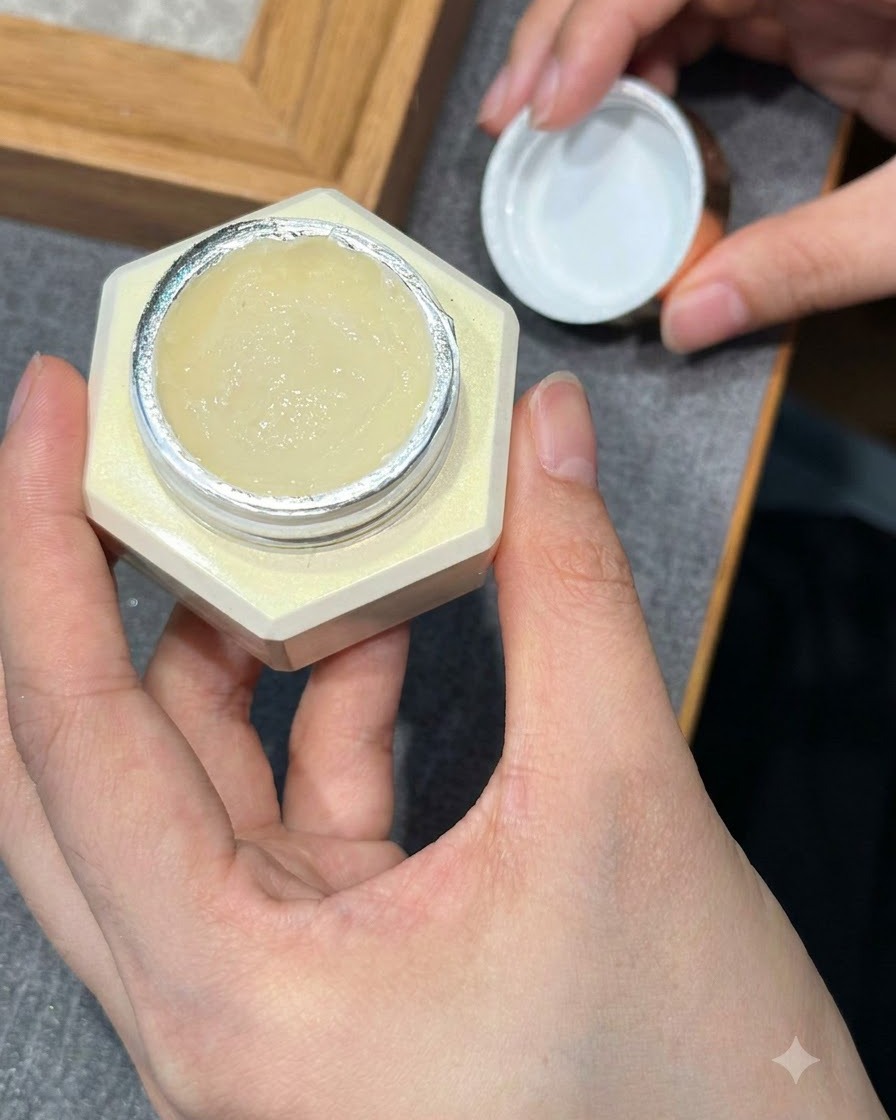 Ein Dotting-Tool nimmt einen kleinen klaren Strassstein aus einem Glas mit Nail-Art-Verzierungen auf.