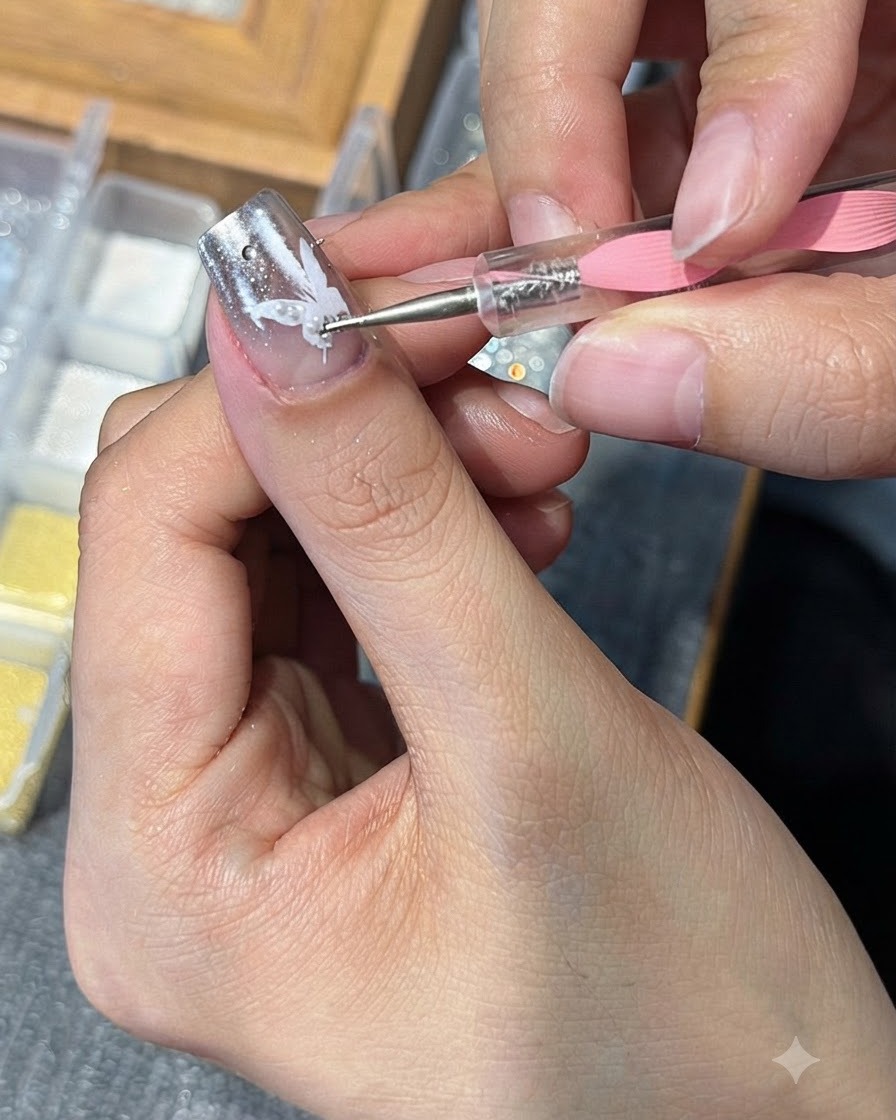 Ein Werkzeug platziert winzige silberne Stahlperlen und kleine Perlen auf dem weißen Schmetterlingsflügel-Design auf einem manikürten Nagel.