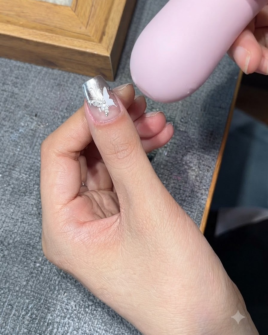 Eine manikürte Hand hält einen Nagel unter eine rosa UV/LED-Härtungslampe.