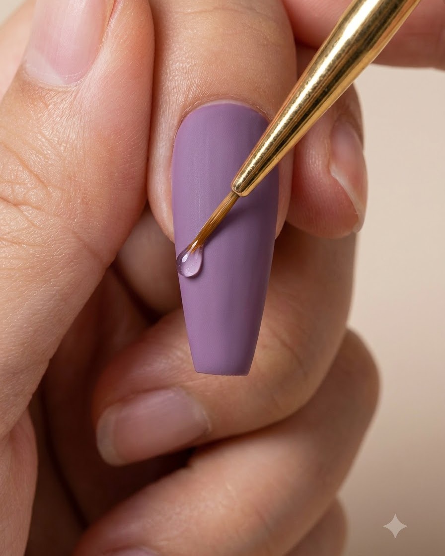 Ein Fine-Liner-Pinsel hält einen Tropfen Strasskleber über einem matten lila Nagel.