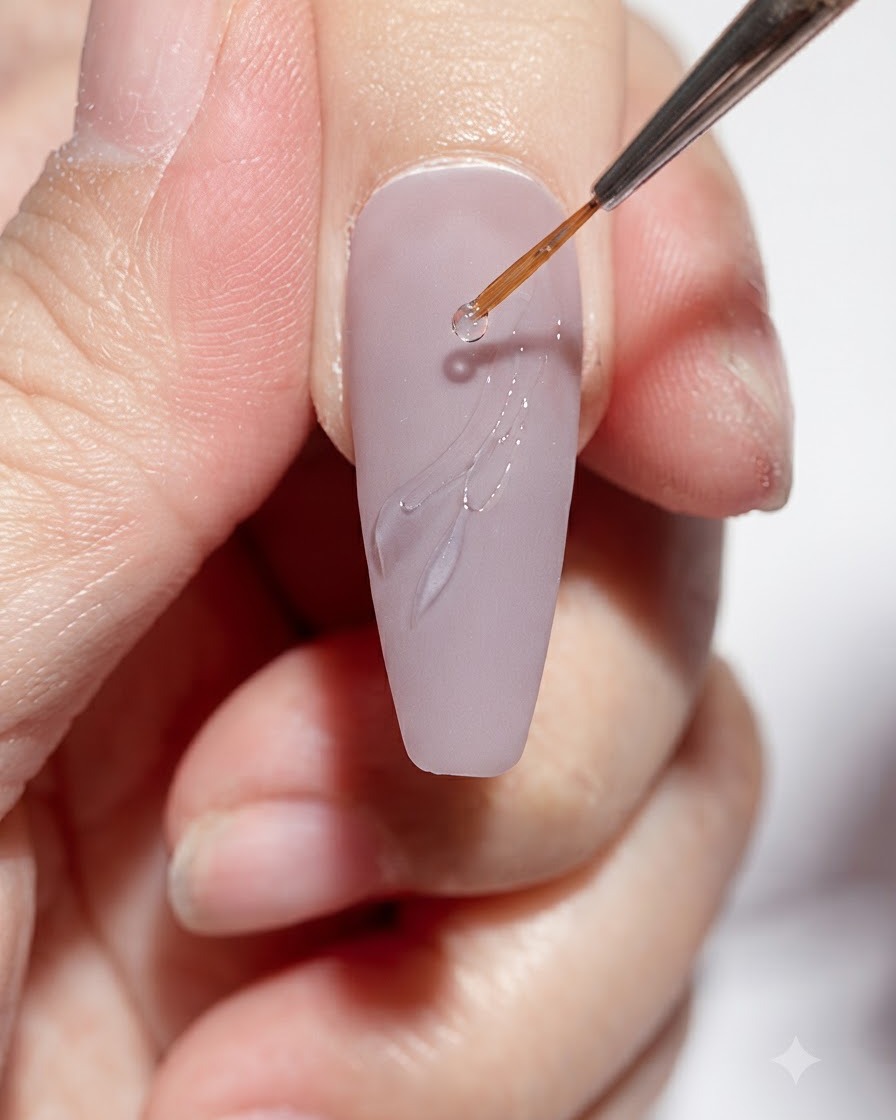 Ein Liner-Pinsel schwebt über einem Nagel mit ausgehärteter Linienkunst unter Beleuchtung.