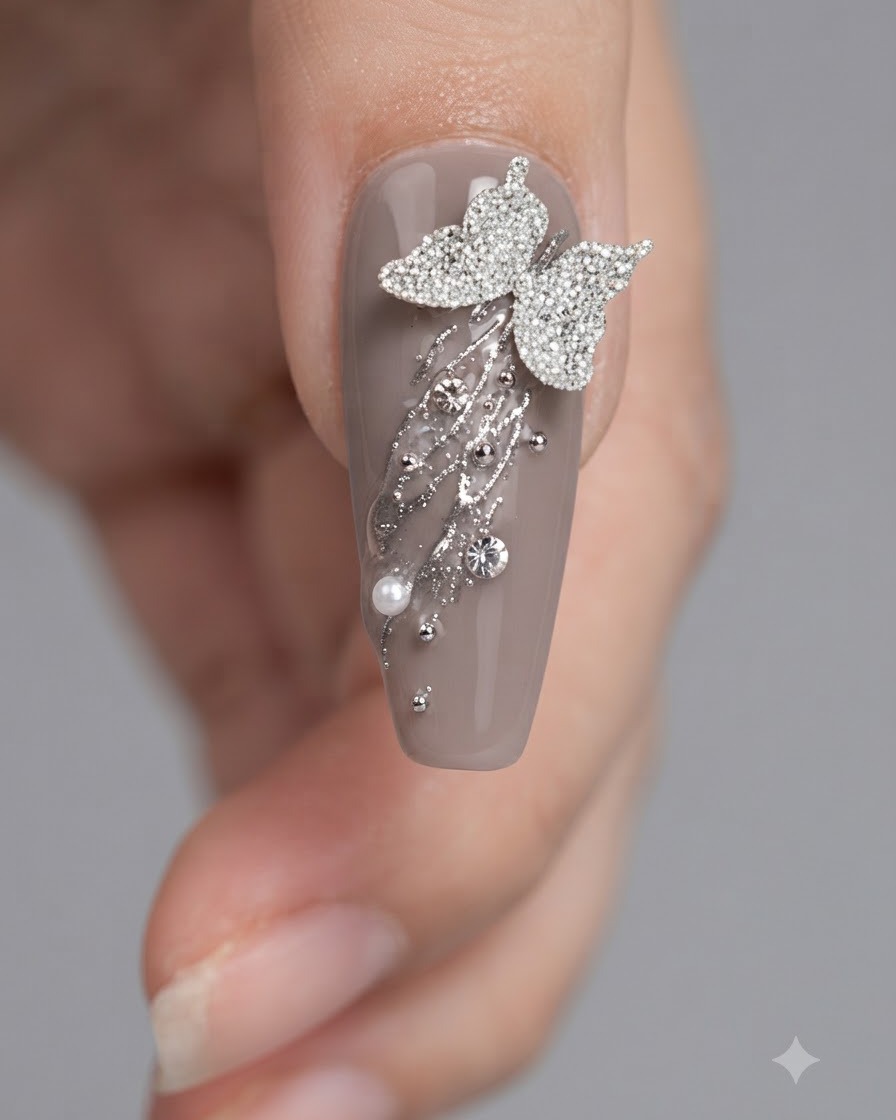 Eine Nahaufnahme eines Nagelpinsels, der Top Coat um Schmetterlings- und Strassverzierungen auf einem grauen Nagel aufträgt.