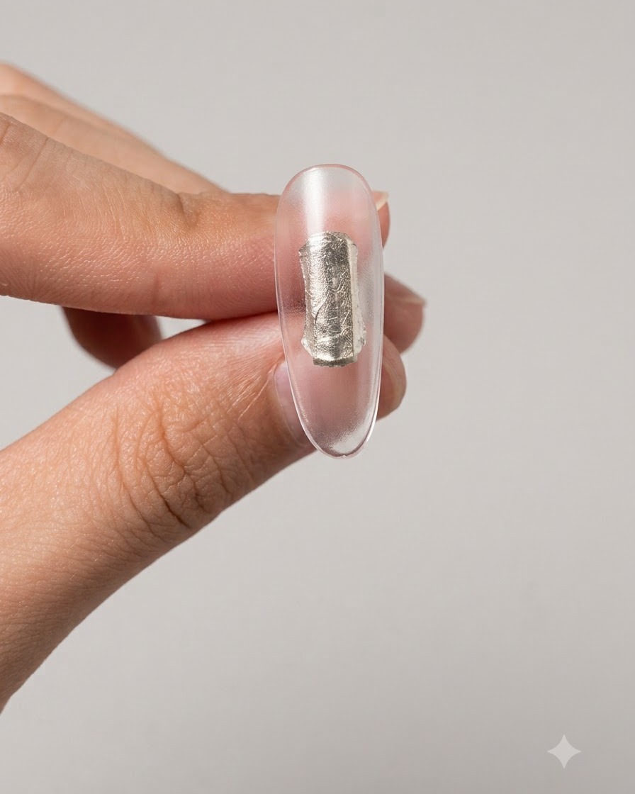Eine Nahaufnahme eines Fingers mit einem transparenten Nagelverlängerungsstreifen, der unter der freien Kante platziert ist.