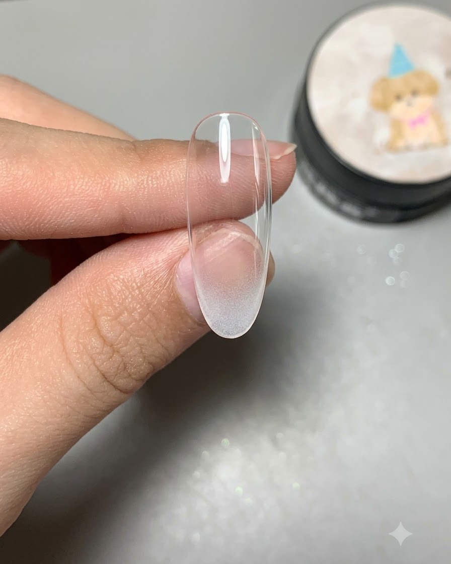 Eine Nahaufnahme eines Nagels, der mit einer leichten, transparenten Nude-Gelschicht beschichtet ist.