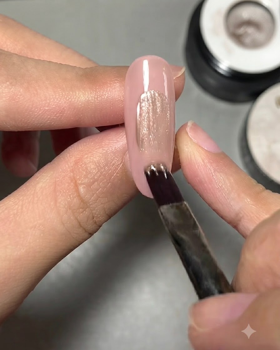 Ein Pinsel, der eine schimmernde Cat-Eye-Gelschicht in die Mitte des Nude-Nagels aufträgt.
